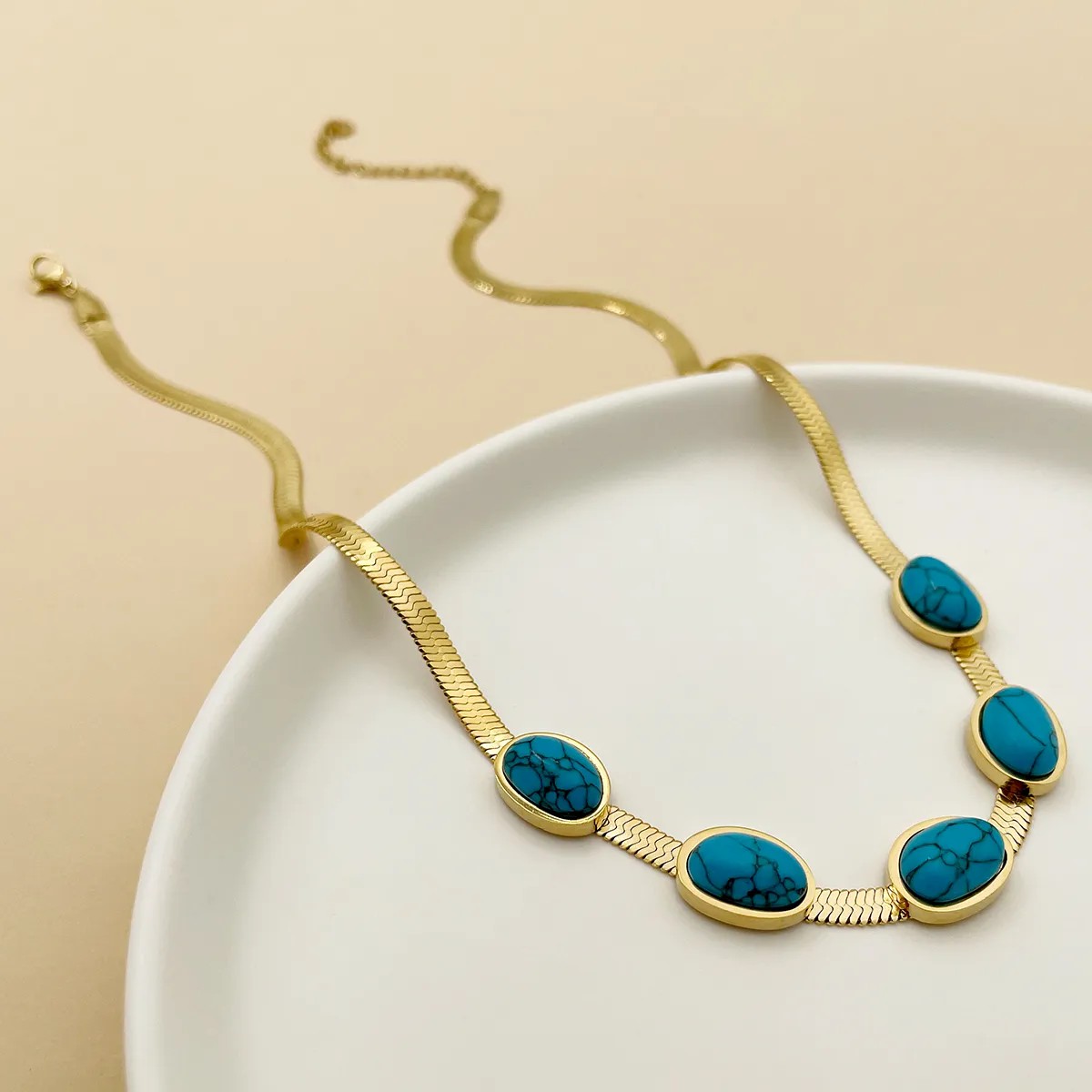 Elegant Vintage Style Oval Stainless Steel Polishing Plating Inlay Turquoise Gold Plated Necklace_colorza_1
