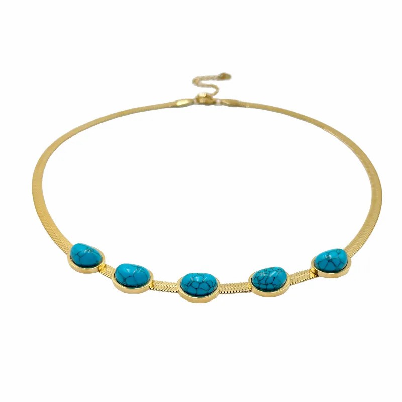 Elegant Vintage Style Oval Stainless Steel Polishing Plating Inlay Turquoise Gold Plated Necklace_colorza_4