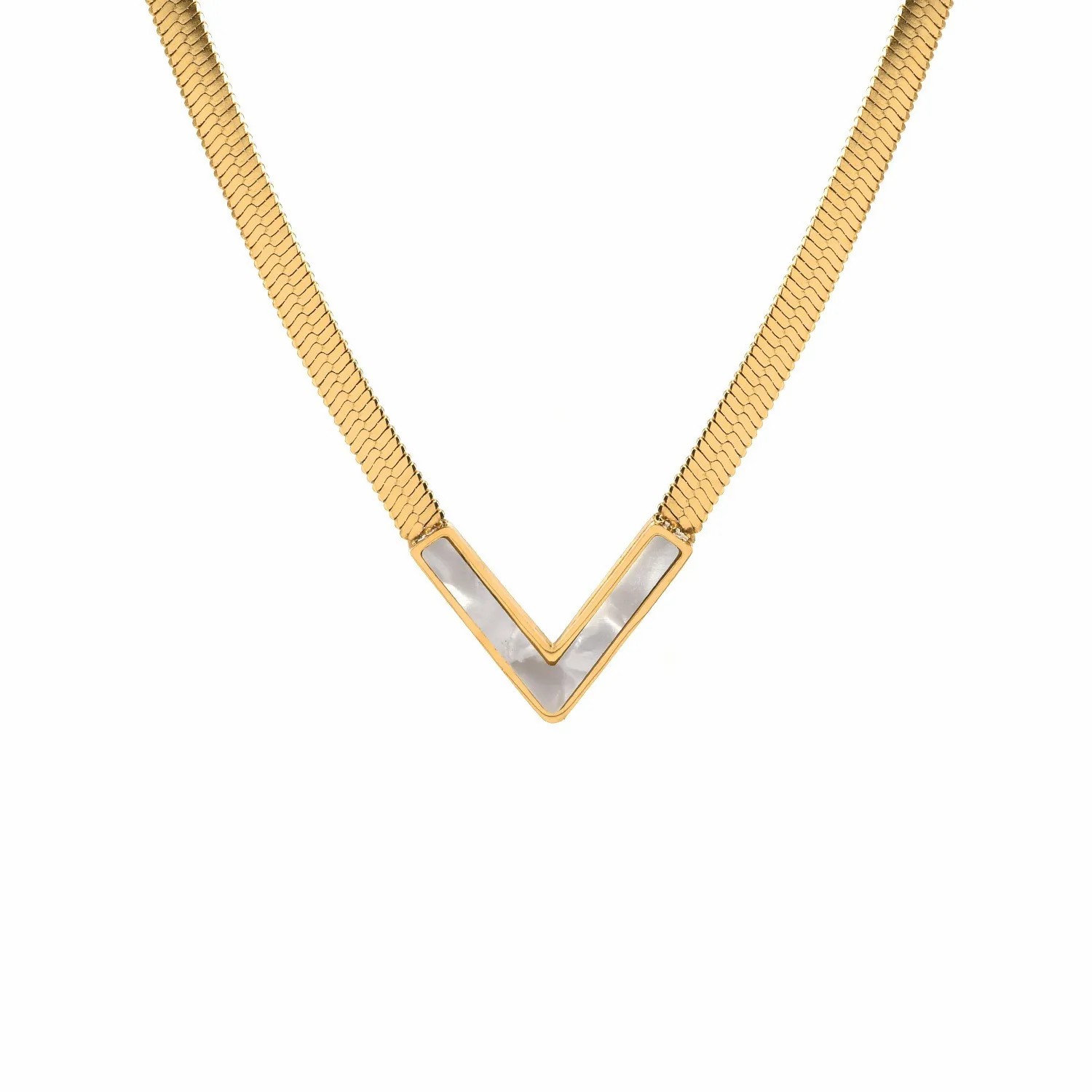 Simple Style V Shape Titanium Steel Inlay Zircon 18K Gold Plated Pendant Necklace_colorza_3