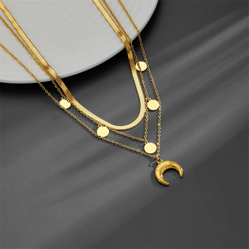 Lady Moon Titanium Steel Plating 18K Gold Plated Layered Necklaces_colorza_3