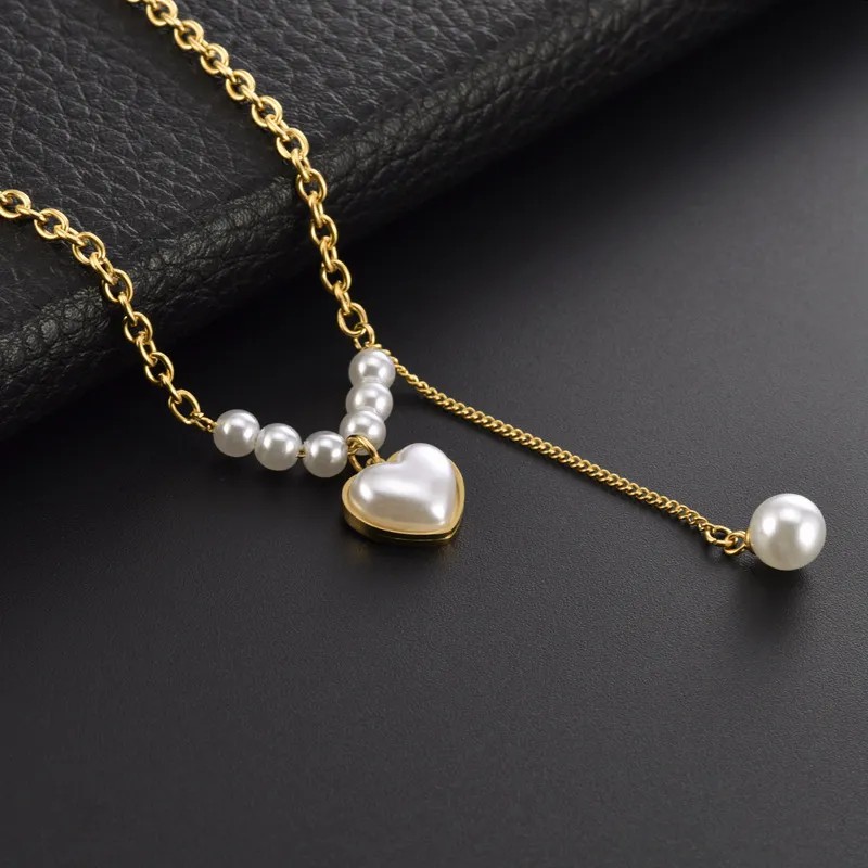 Sweet Simple Style Heart Shape Titanium Steel Tassel Plating Inlay Pearl Pendant Necklace_colorza_1