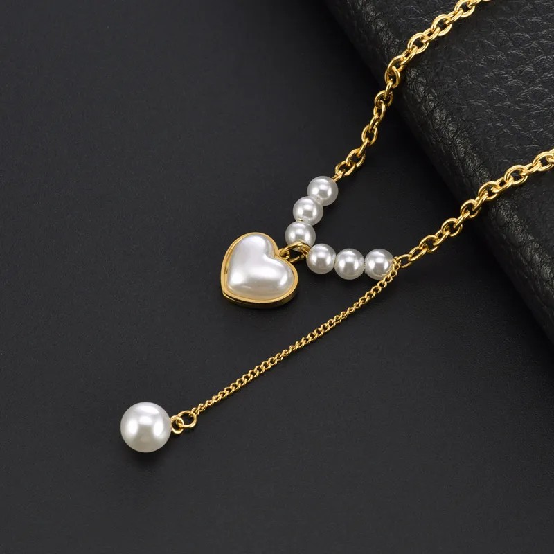 Sweet Simple Style Heart Shape Titanium Steel Tassel Plating Inlay Pearl Pendant Necklace_colorza_2
