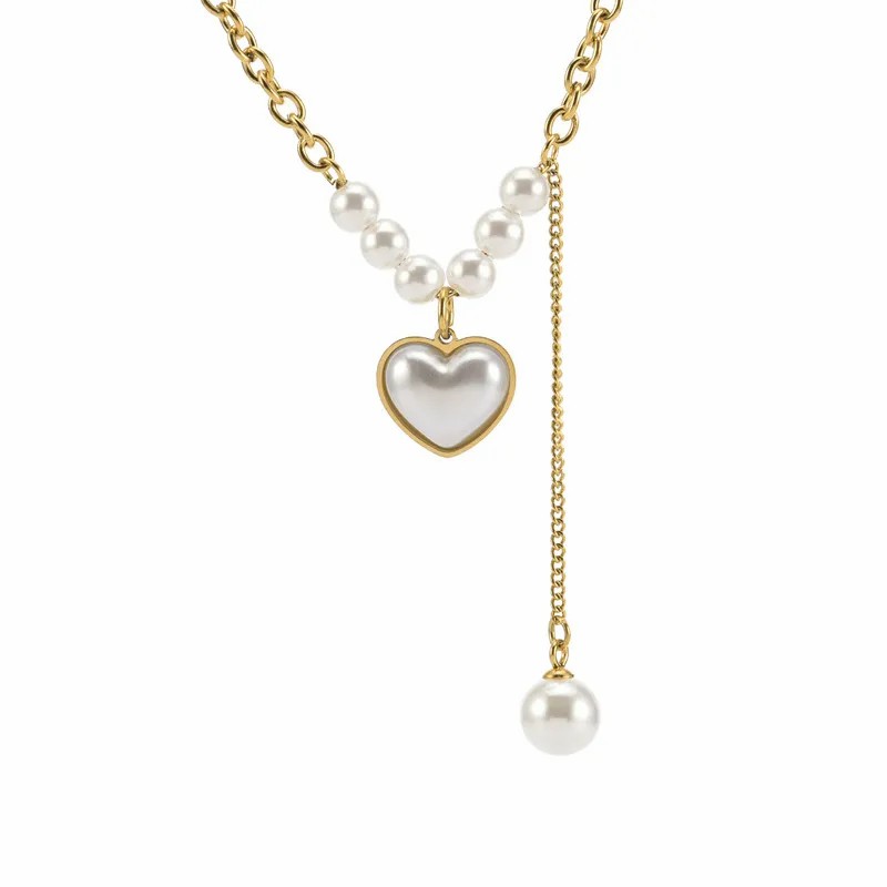 Sweet Simple Style Heart Shape Titanium Steel Tassel Plating Inlay Pearl Pendant Necklace_colorza_3