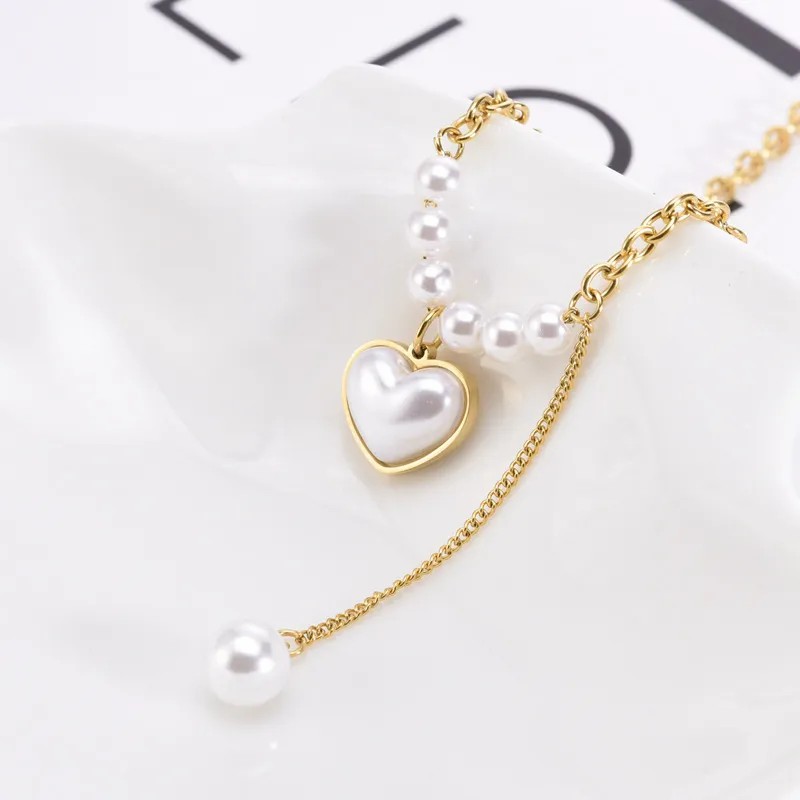Sweet Simple Style Heart Shape Titanium Steel Tassel Plating Inlay Pearl Pendant Necklace_colorza_5