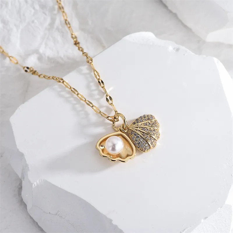 Casual Classic Style Artistic Shell Titanium Steel Plating Inlay Artificial Pearls 18K Gold Plated Necklace_colorza_2