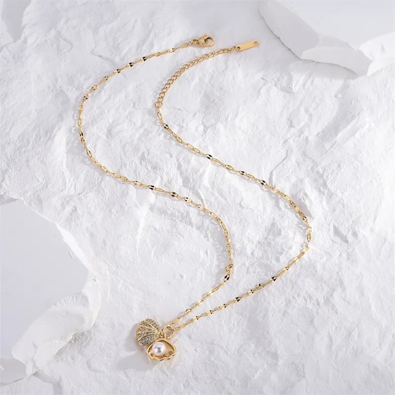 Casual Classic Style Artistic Shell Titanium Steel Plating Inlay Artificial Pearls 18K Gold Plated Necklace_colorza_3
