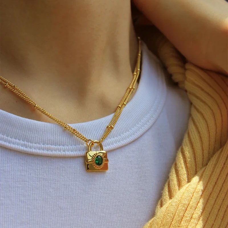 Simple Style Lock Titanium Steel Plating Inlay Artificial Gemstones 18K Gold Plated Pendant Necklace_colorza_1