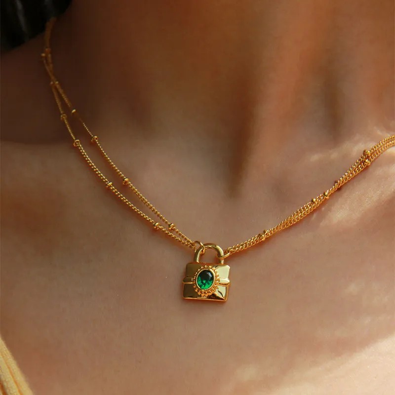 Simple Style Lock Titanium Steel Plating Inlay Artificial Gemstones 18K Gold Plated Pendant Necklace_colorza_2