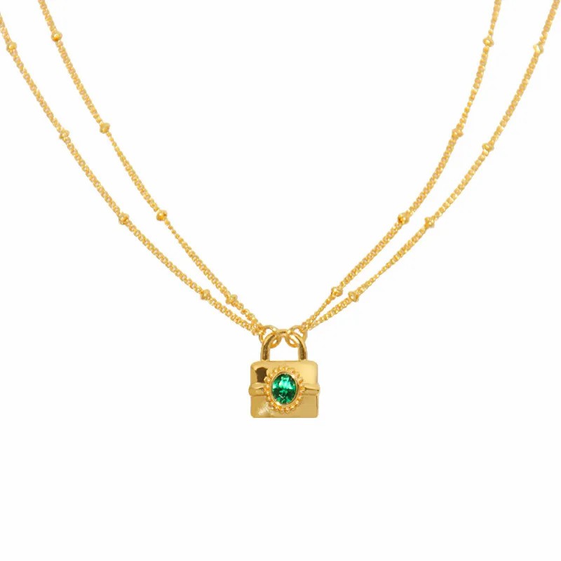 Simple Style Lock Titanium Steel Plating Inlay Artificial Gemstones 18K Gold Plated Pendant Necklace_colorza_5