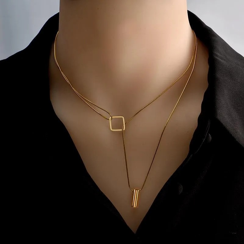 Vintage Style Square Titanium Steel Plating 18K Gold Plated Pendant Necklace_colorza_1