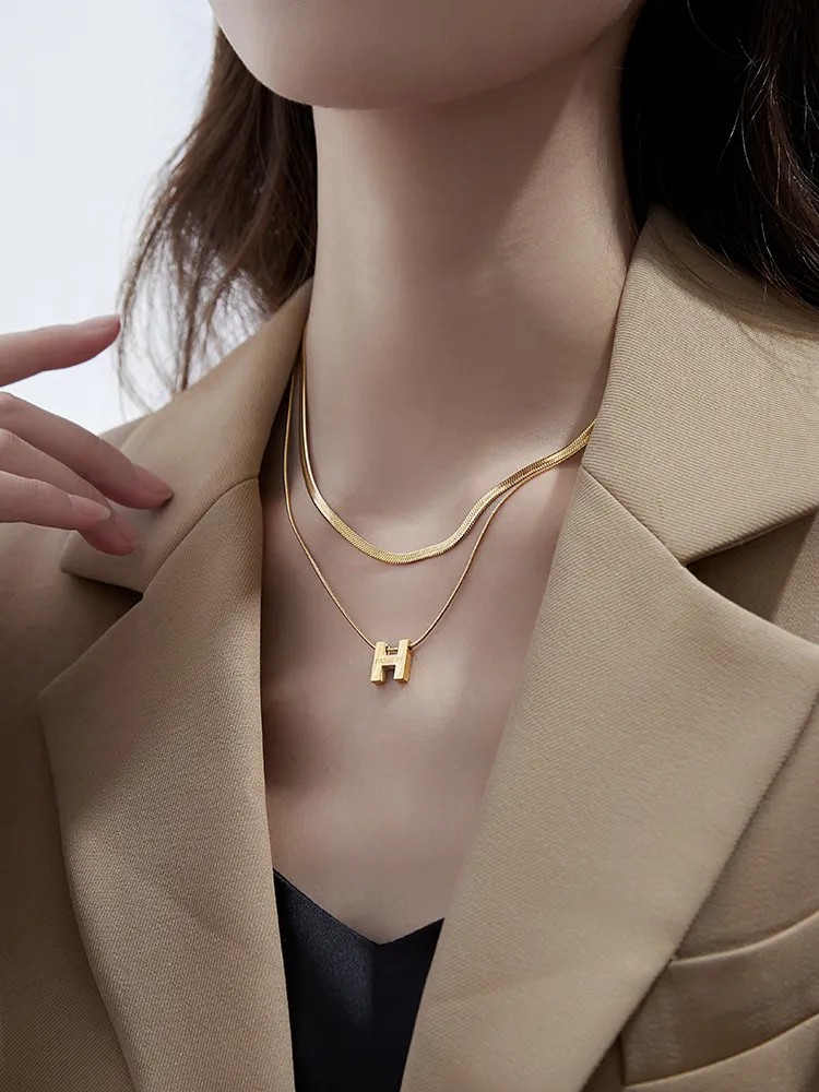 Punk Letter Titanium Steel Plating 18K Gold Plated Layered Necklaces_colorza_2