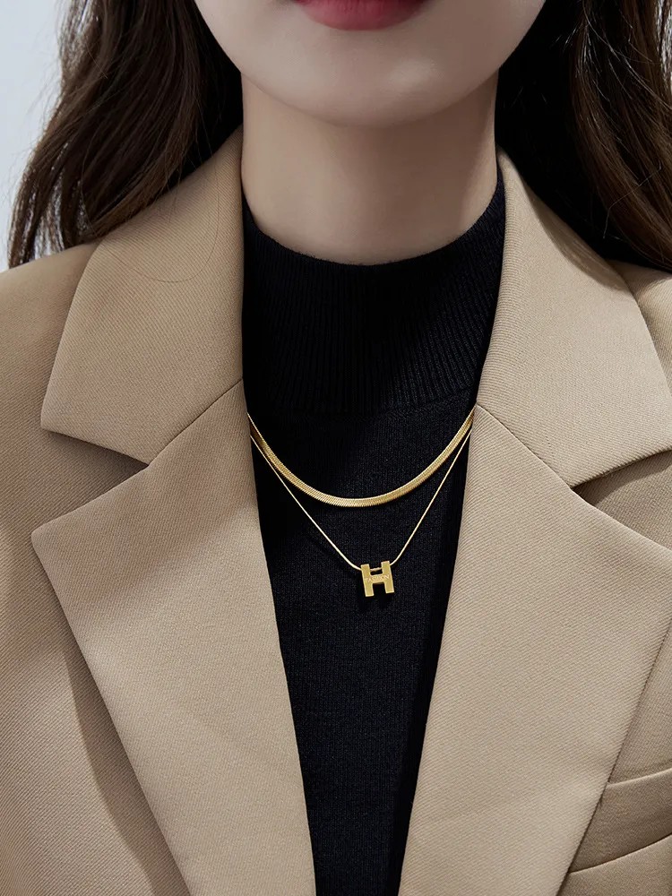 Punk Letter Titanium Steel Plating 18K Gold Plated Layered Necklaces_colorza_3