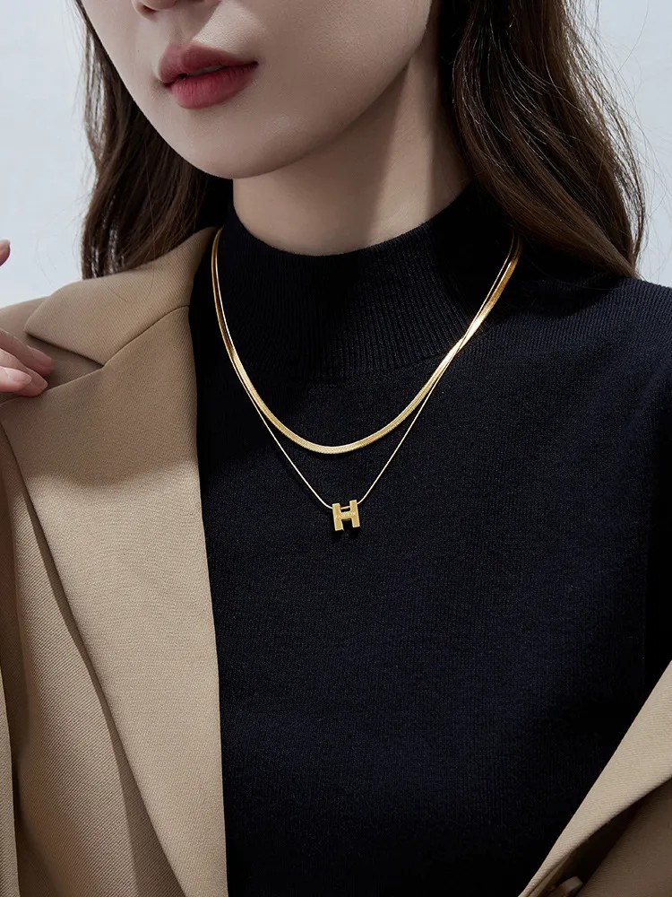 Punk Letter Titanium Steel Plating 18K Gold Plated Layered Necklaces_colorza_4
