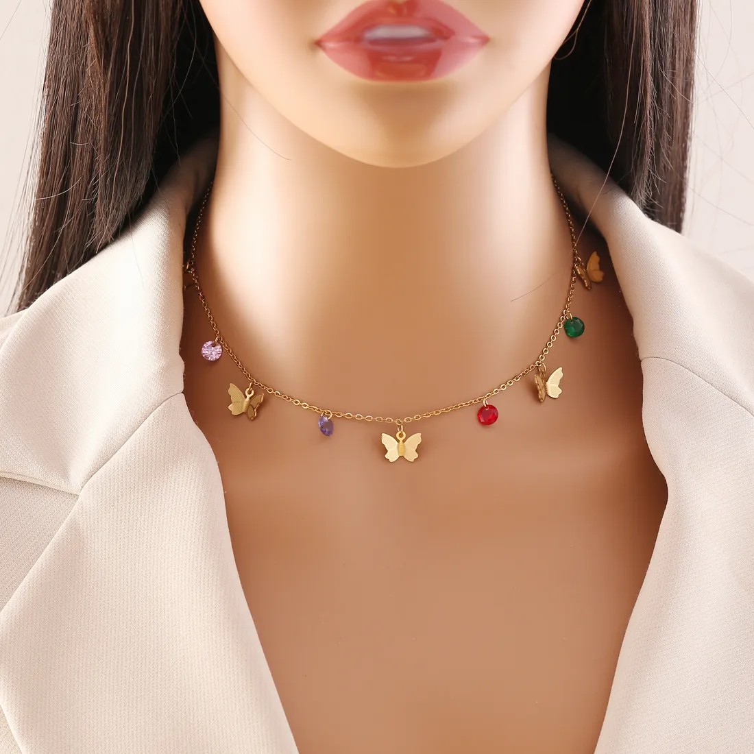 Simple Style Artistic Eye Butterfly Stainless Steel Artificial Crystal Plating Pendant Necklace_colorza_3