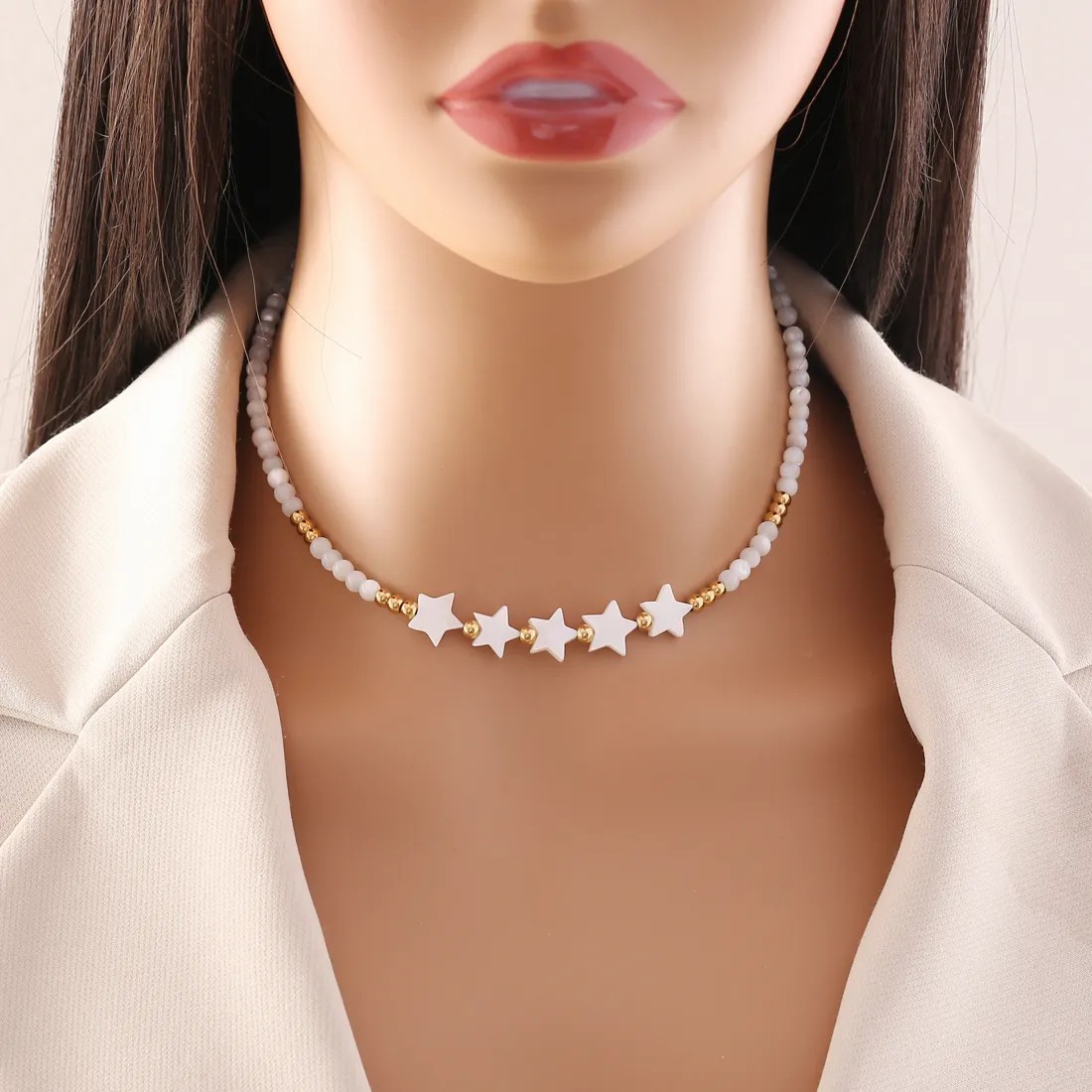 Vacation Star Heart Shape Flower Stainless Steel Shell Beaded Choker_colorza_3