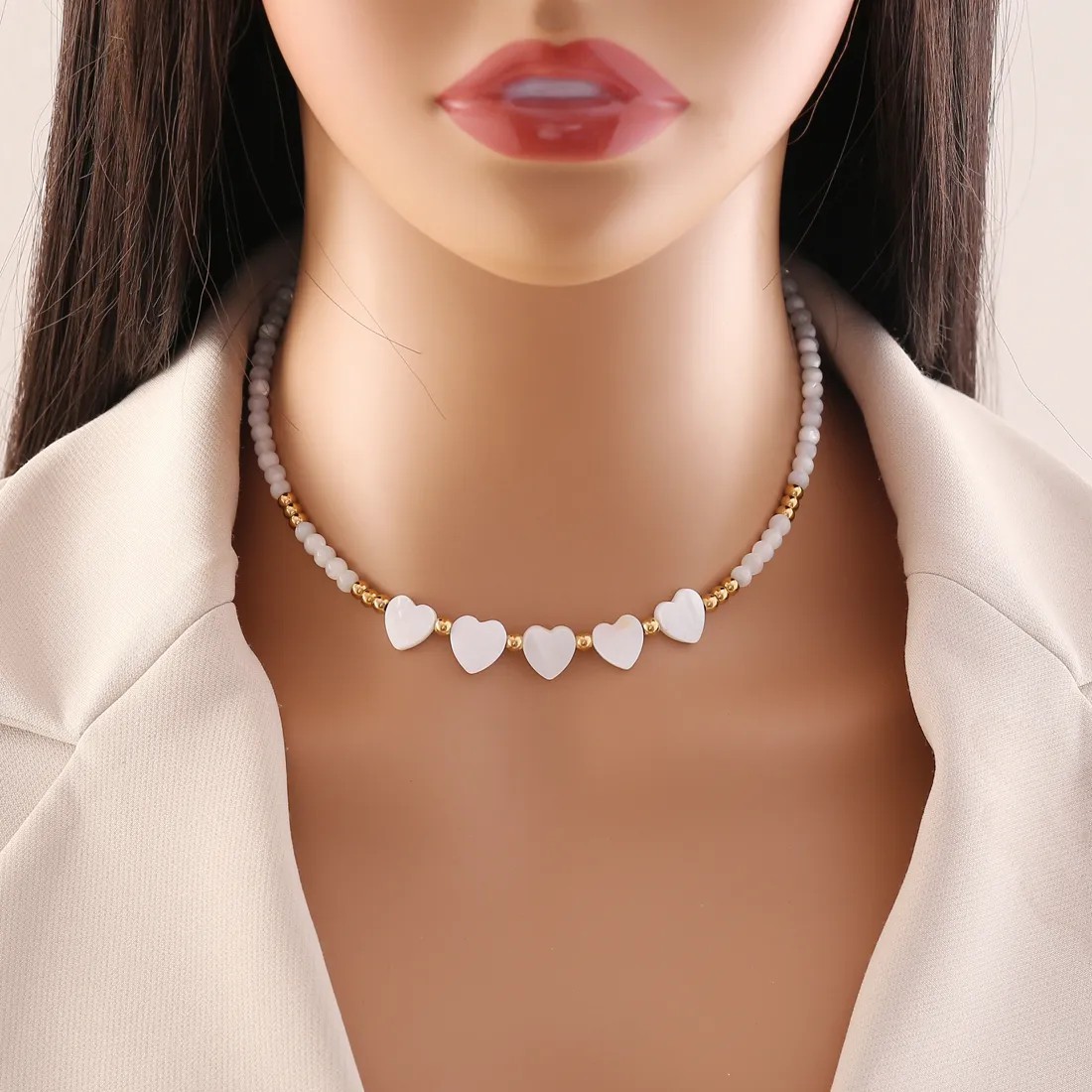 Vacation Star Heart Shape Flower Stainless Steel Shell Beaded Choker_colorza_4