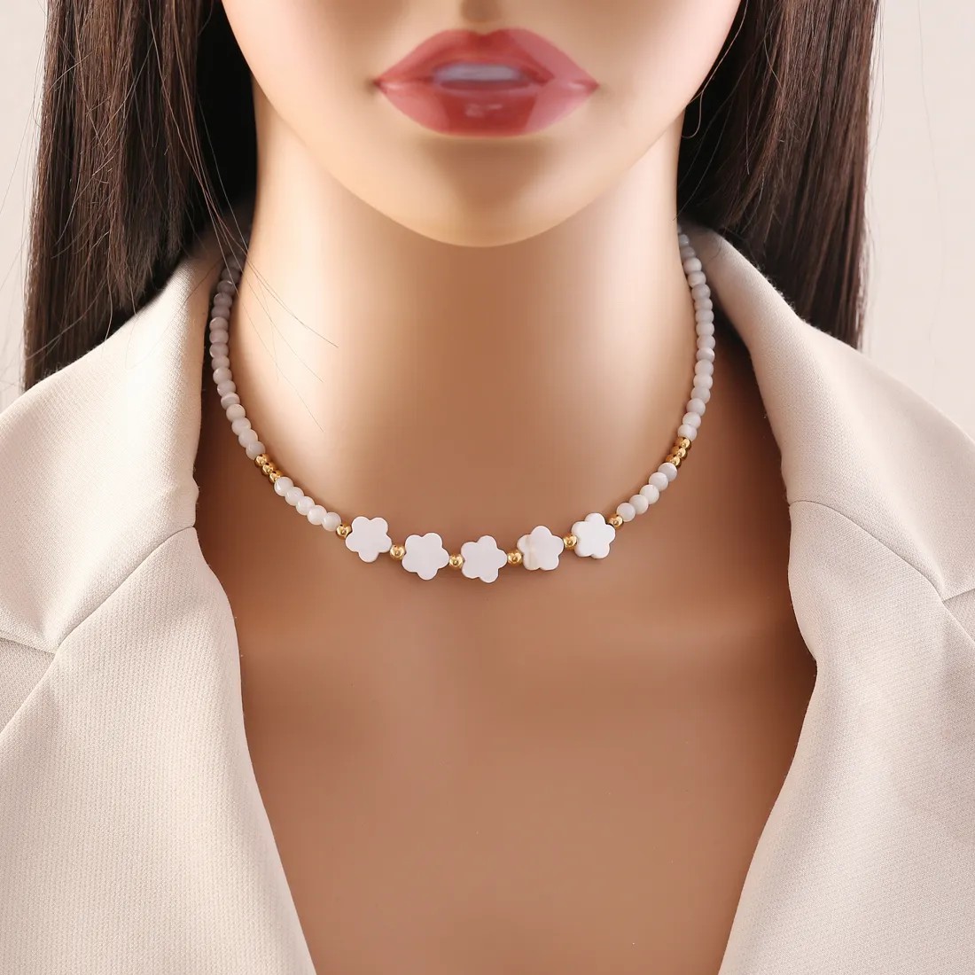 Vacation Star Heart Shape Flower Stainless Steel Shell Beaded Choker_colorza_5