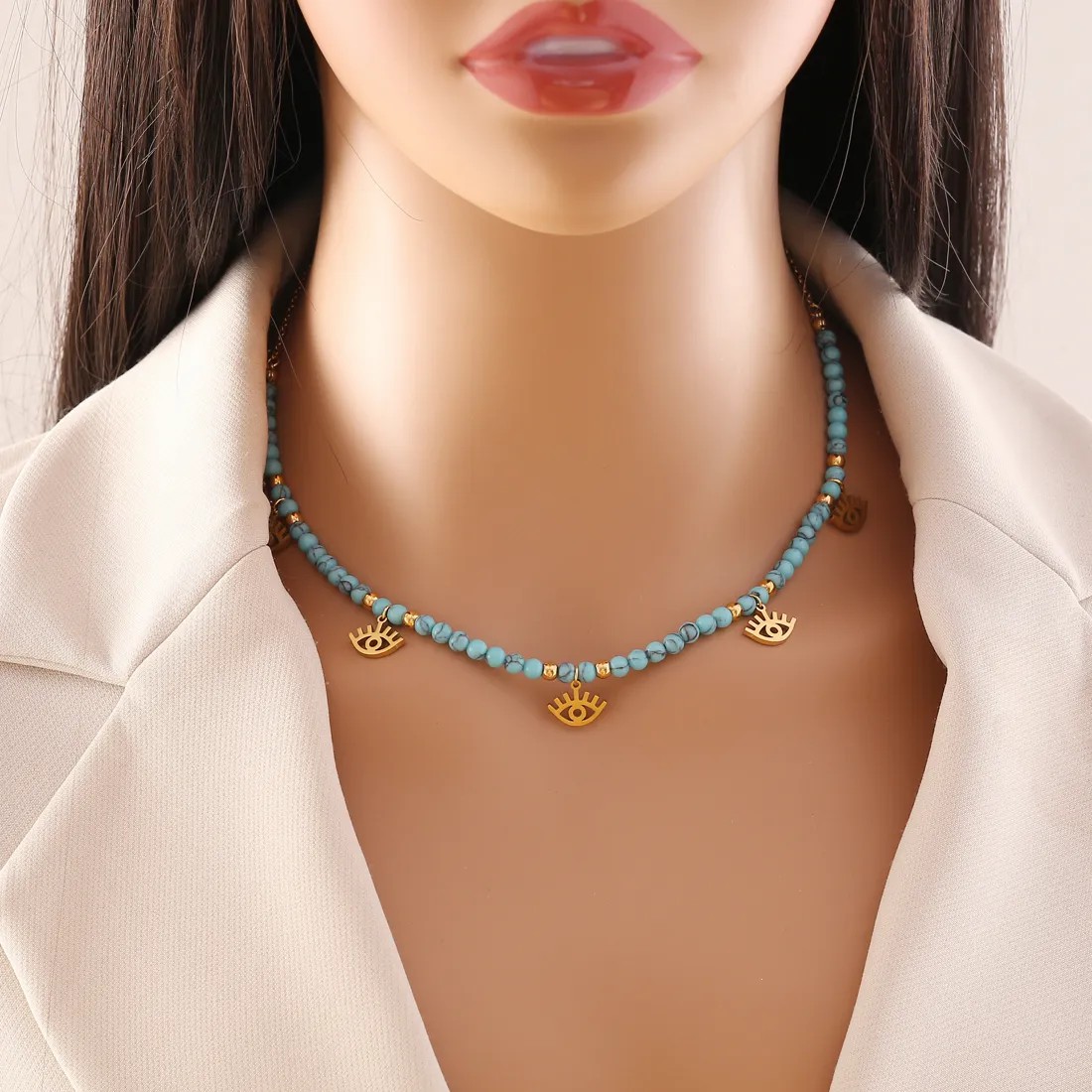 Bohemian Star Eye Butterfly Stainless Steel Turquoise Beaded Pendant Necklace_colorza_1