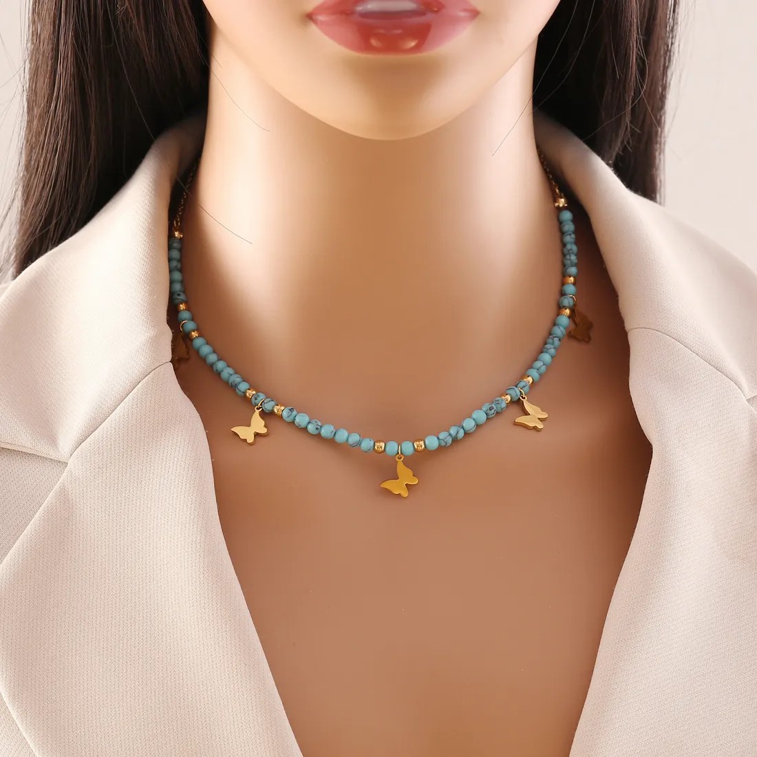 Bohemian Star Eye Butterfly Stainless Steel Turquoise Beaded Pendant Necklace_colorza_2