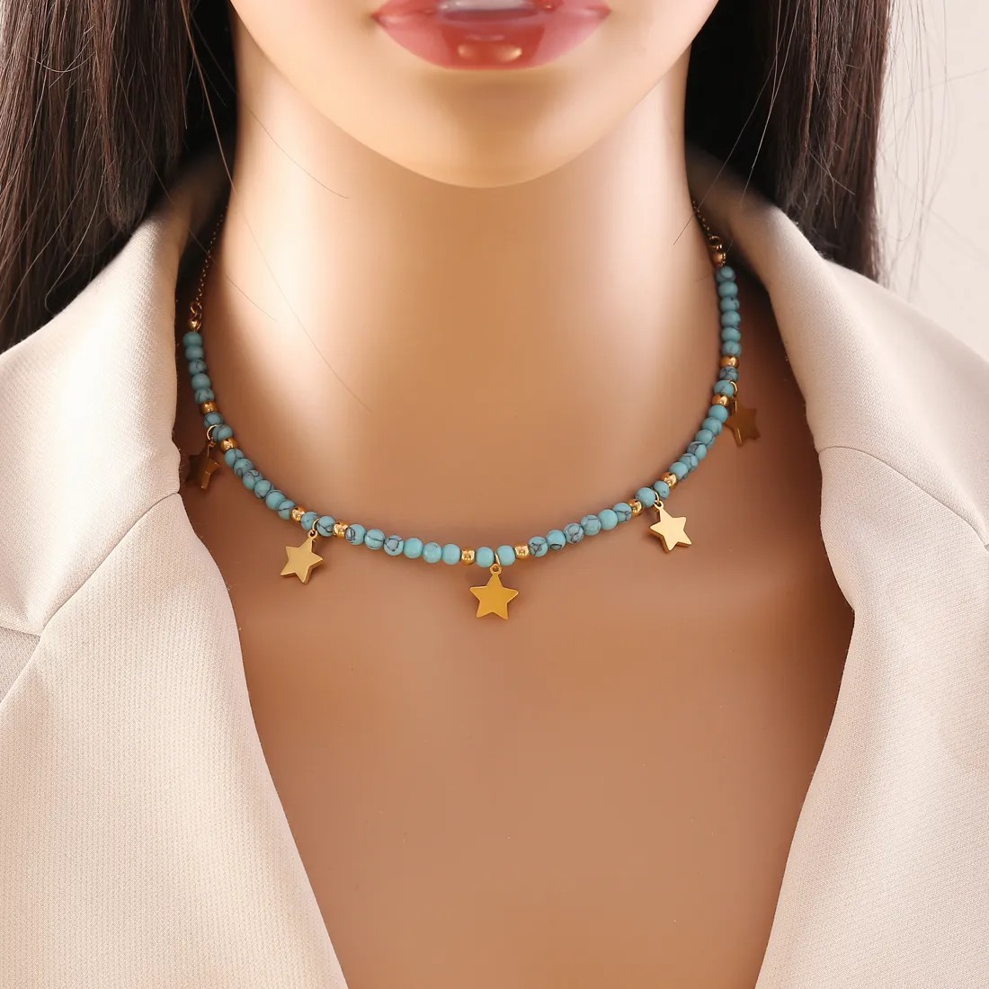 Bohemian Star Eye Butterfly Stainless Steel Turquoise Beaded Pendant Necklace_colorza_4