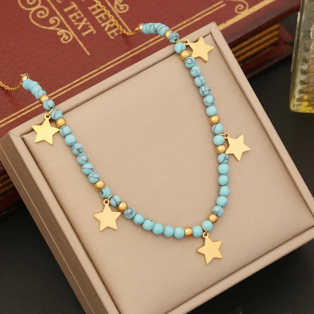 Bohemian Star Eye Butterfly Stainless Steel Turquoise Beaded Pendant Necklace_colorza_5