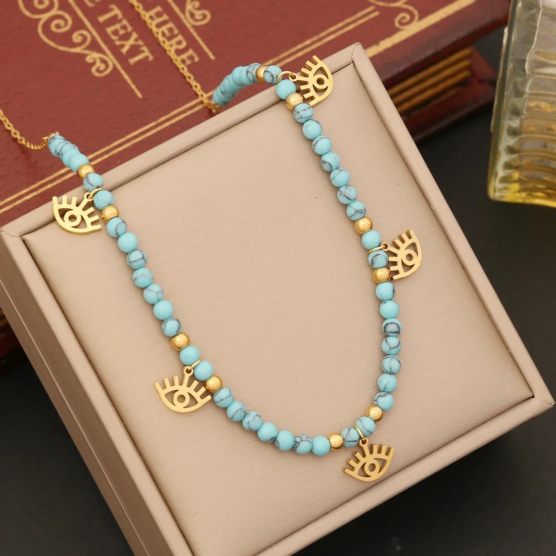 Bohemian Star Eye Butterfly Stainless Steel Turquoise Beaded Pendant Necklace_colorza_6