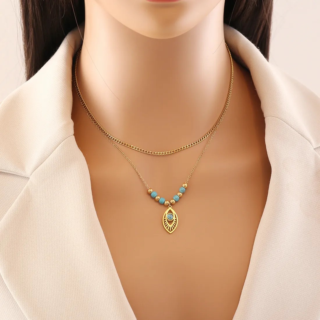Bohemian Eye Stainless Steel Plating Inlay Turquoise Layered Necklaces_colorza_2