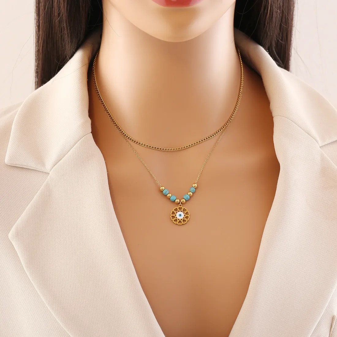 Bohemian Eye Stainless Steel Plating Inlay Turquoise Layered Necklaces_colorza_3