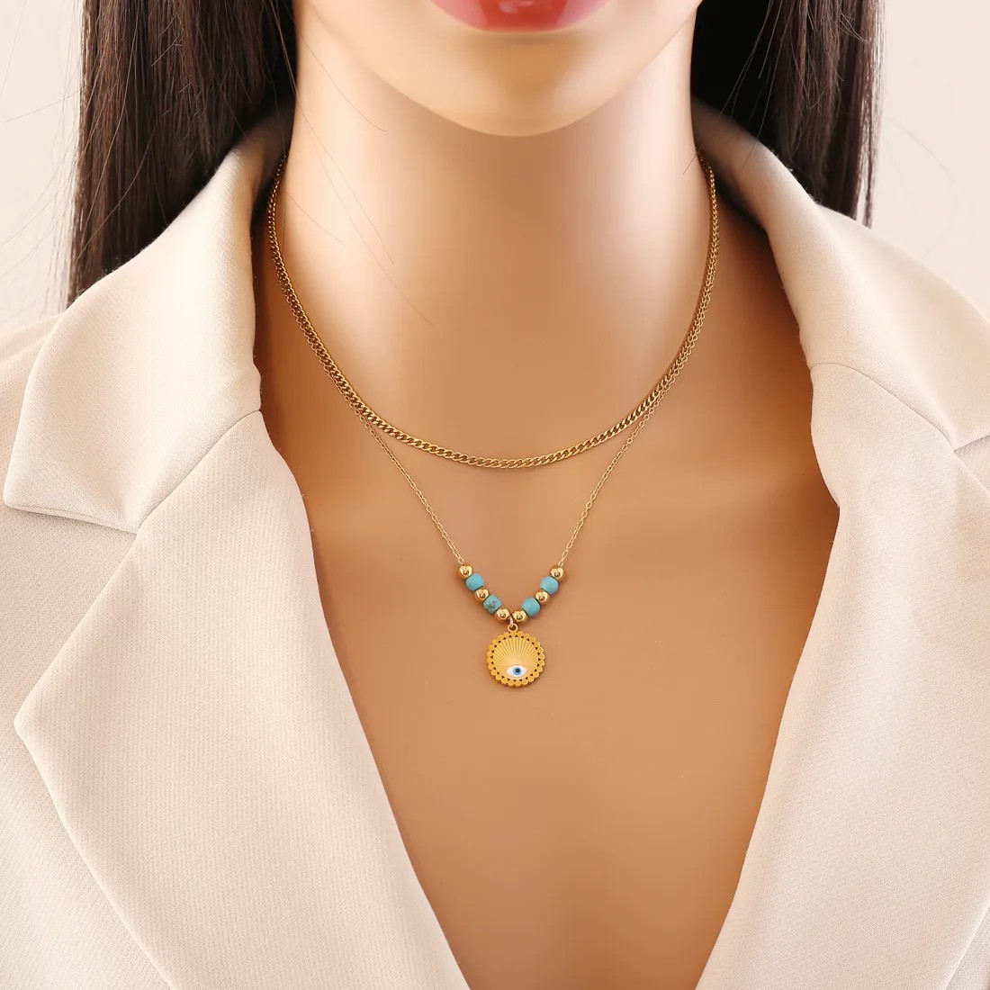 Bohemian Eye Stainless Steel Plating Inlay Turquoise Layered Necklaces_colorza_4