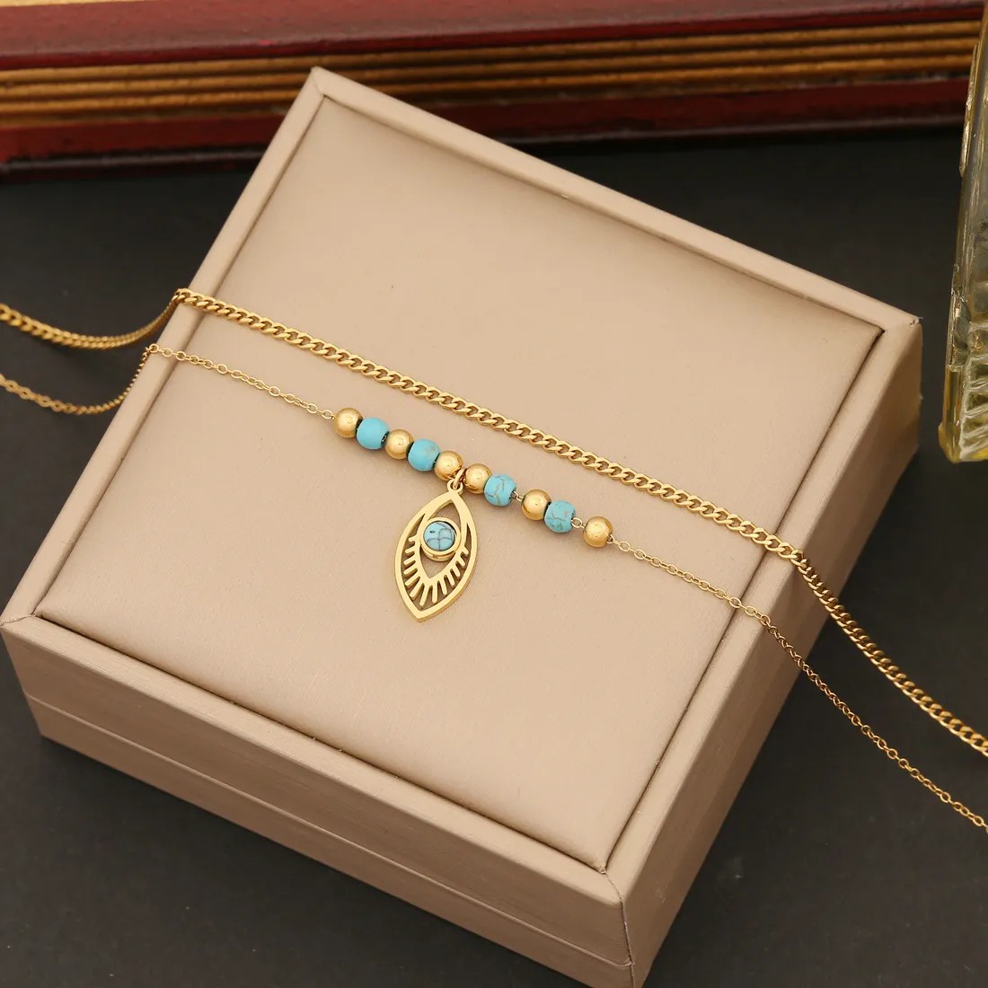Bohemian Eye Stainless Steel Plating Inlay Turquoise Layered Necklaces_colorza_5