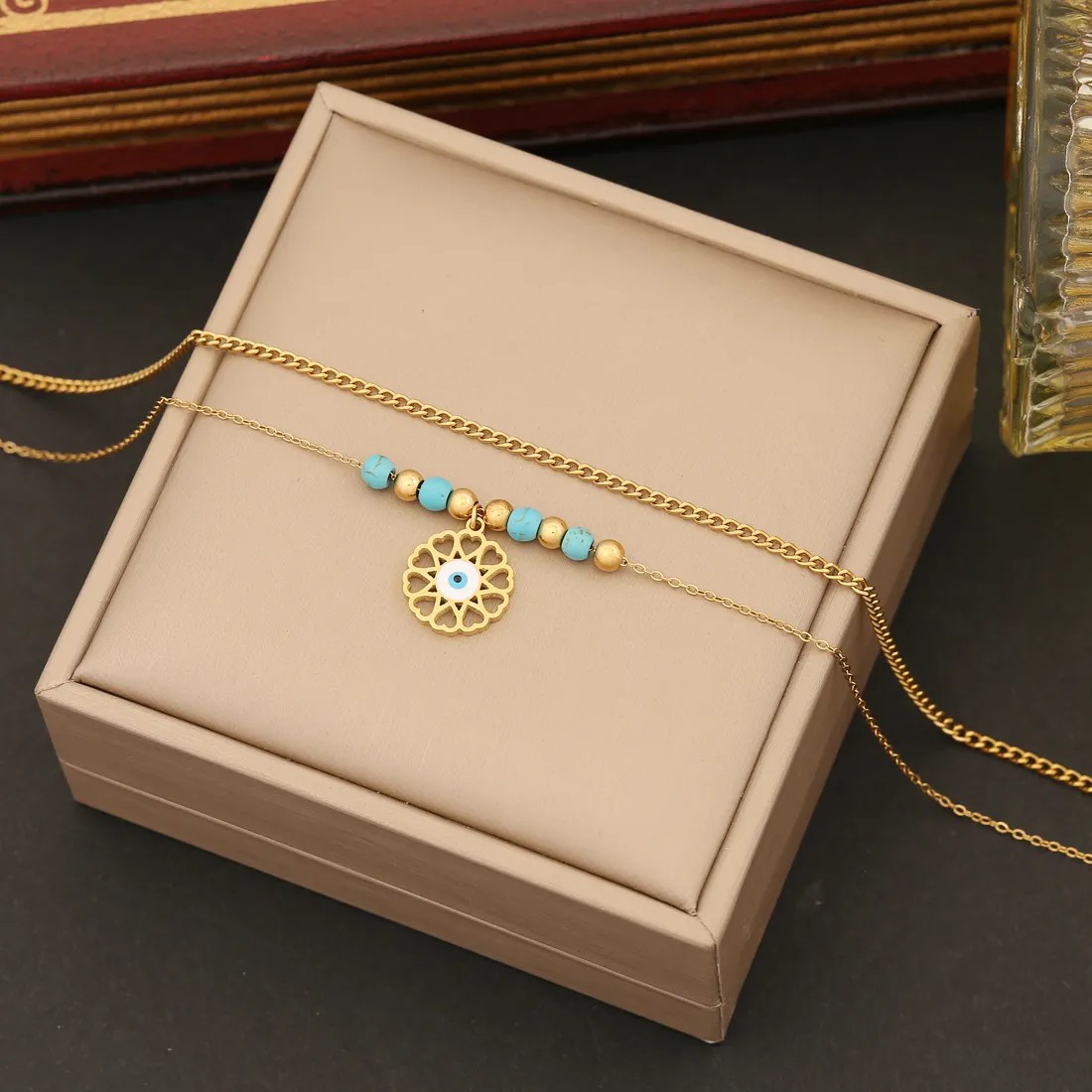 Bohemian Eye Stainless Steel Plating Inlay Turquoise Layered Necklaces_colorza_6