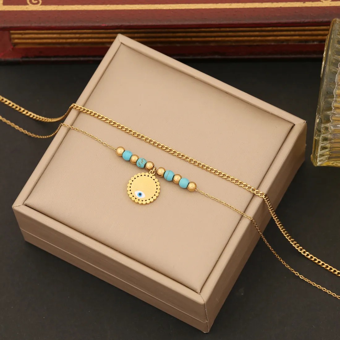 Bohemian Eye Stainless Steel Plating Inlay Turquoise Layered Necklaces_colorza_7