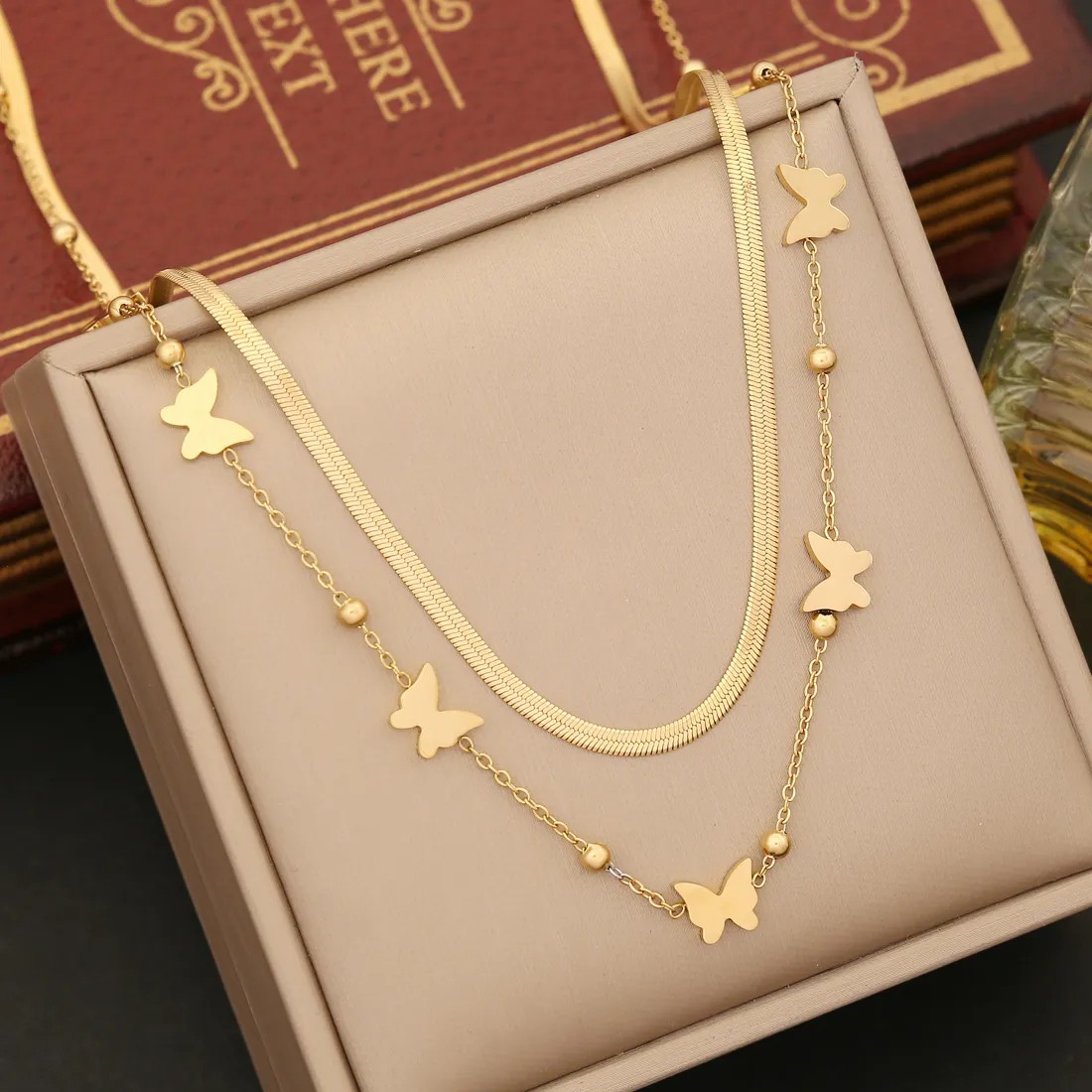 Artistic Palm Eye Butterfly Stainless Steel Plating Layered Necklaces_colorza_3