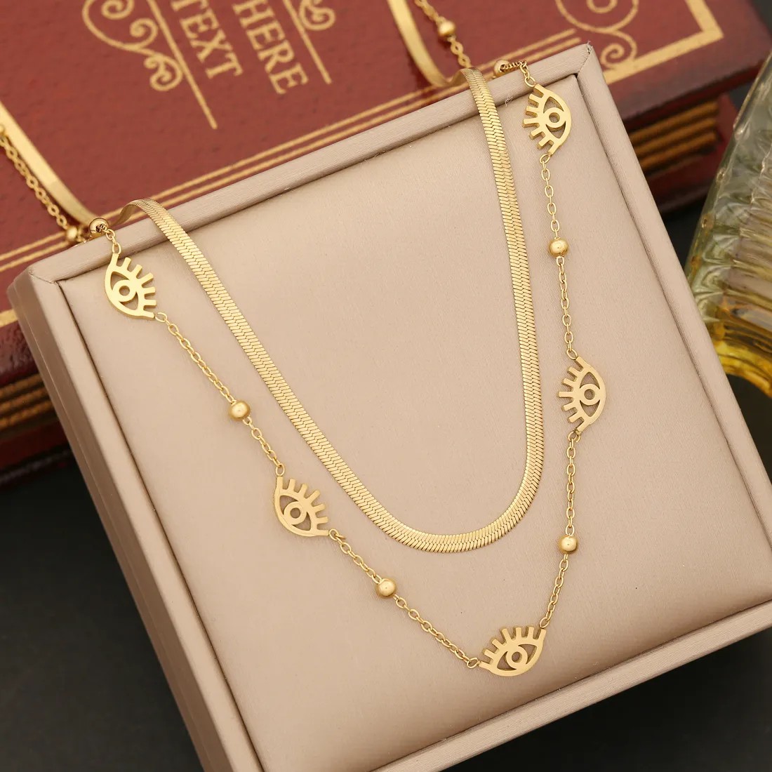 Artistic Palm Eye Butterfly Stainless Steel Plating Layered Necklaces_colorza_5