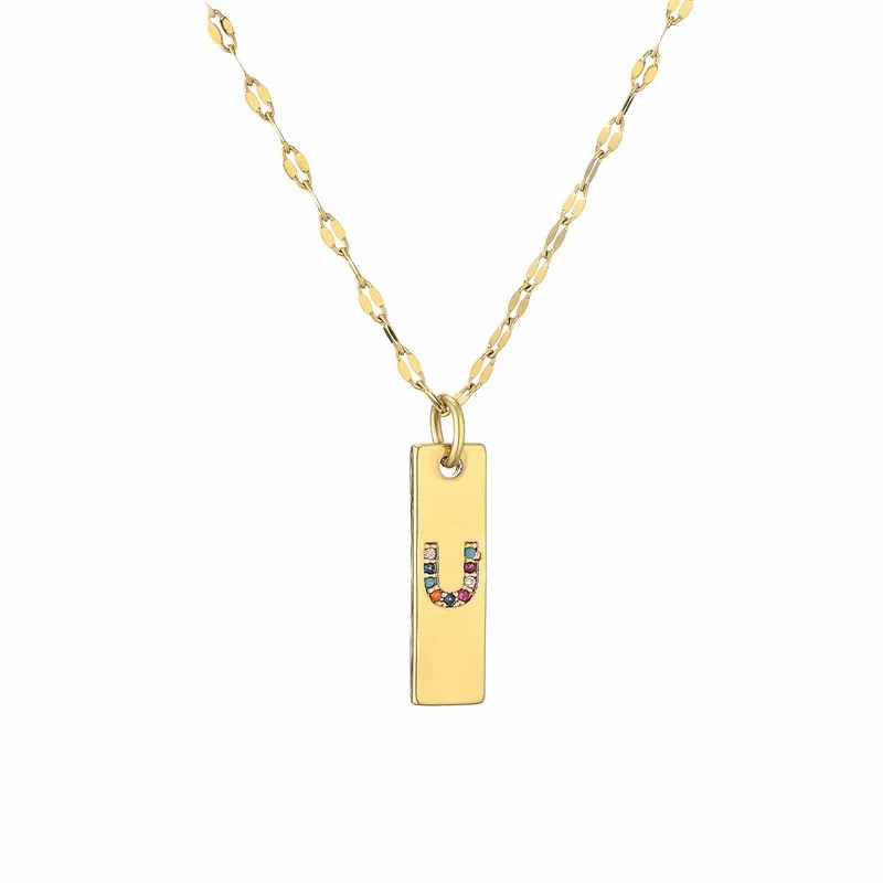 Modern Style Letter Rectangle Stainless Steel Copper Plating Inlay Zircon Gold Plated Pendant Necklace_colorza_23