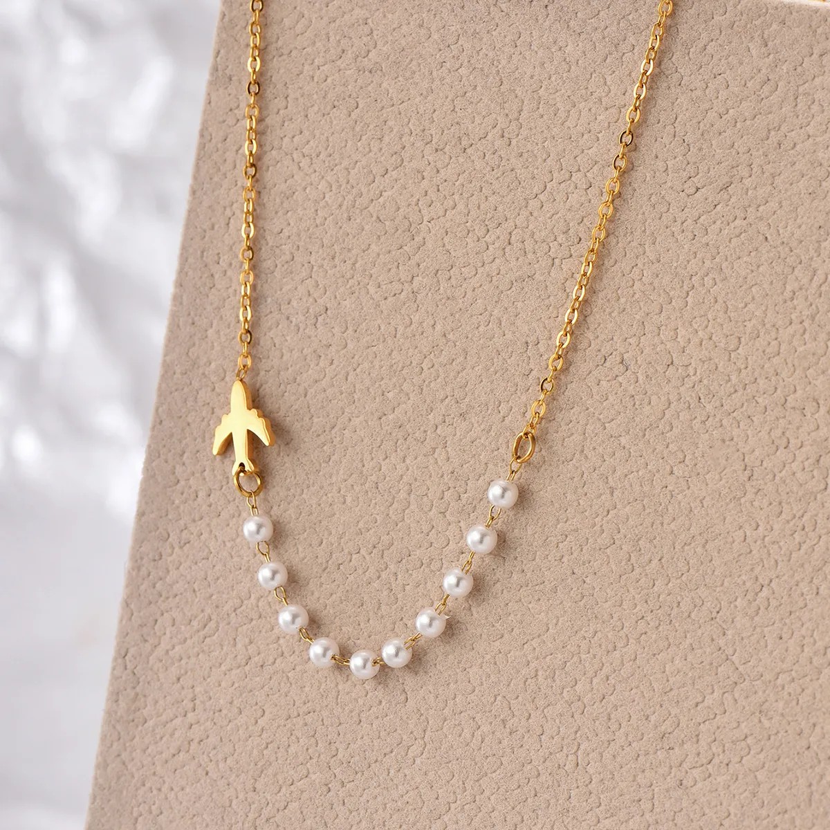 Casual Elegant Airplane Stainless Steel Artificial Pearl Polishing Plating 14K Gold Plated Necklace_colorza_1