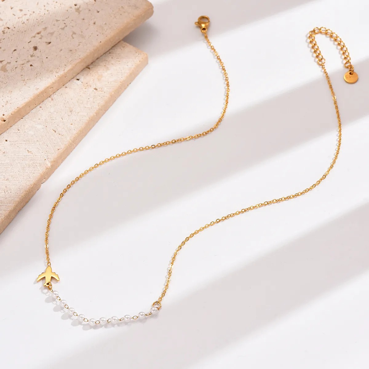 Casual Elegant Airplane Stainless Steel Artificial Pearl Polishing Plating 14K Gold Plated Necklace_colorza_2