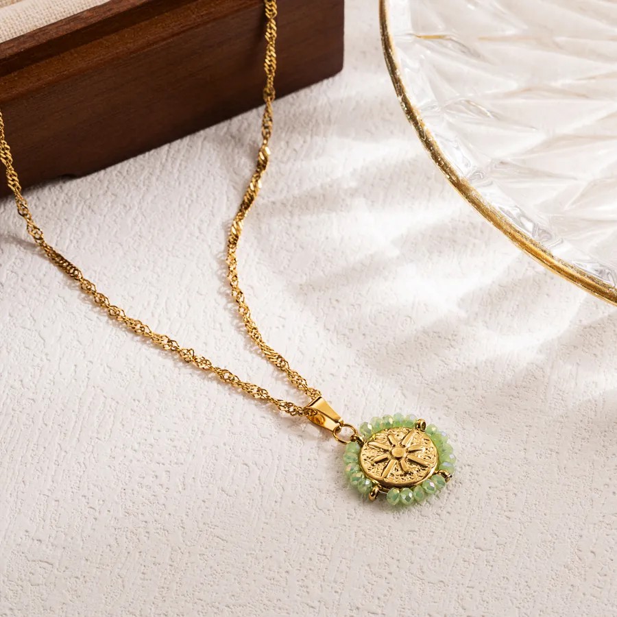 IG Style Retro Round Rose Stainless Steel Seed Bead Shell 18K Gold Plated Pendant Necklace_colorza_2