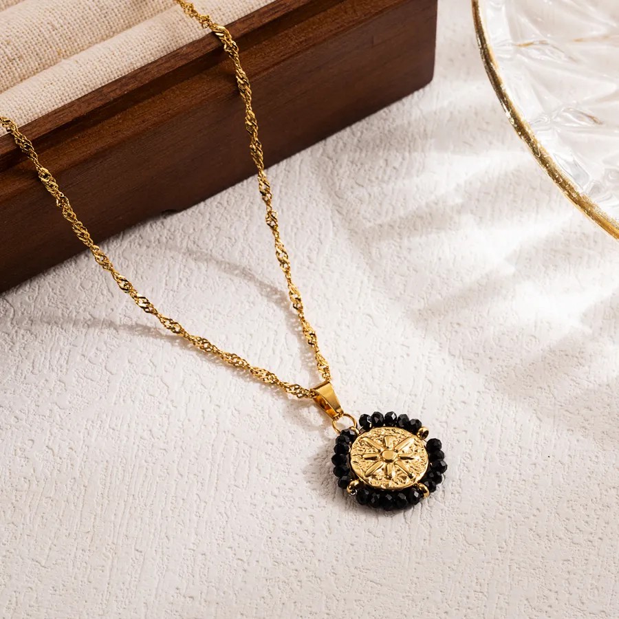 IG Style Retro Round Rose Stainless Steel Seed Bead Shell 18K Gold Plated Pendant Necklace_colorza_3