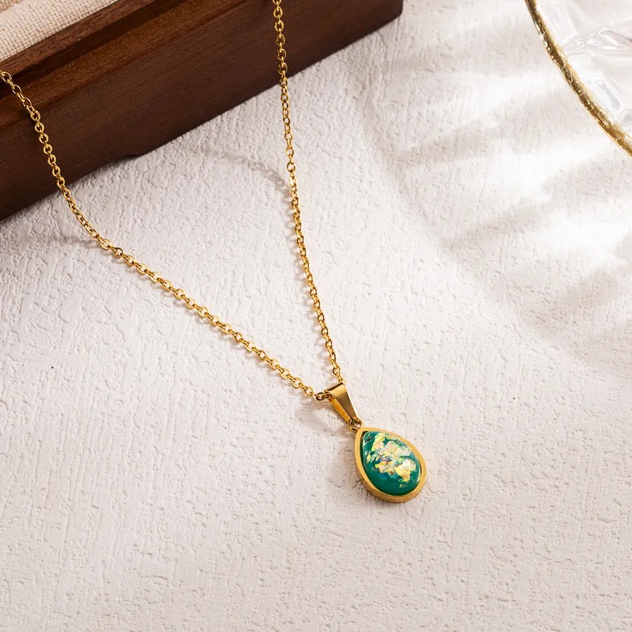 Elegant Simple Style Water Droplets Stainless Steel Patchwork Imitation Opal 18K Gold Plated Pendant Necklace_colorza_1