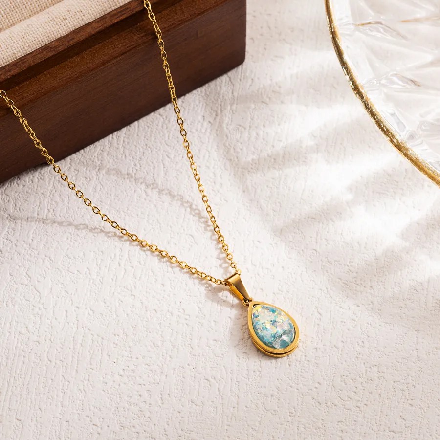 Elegant Simple Style Water Droplets Stainless Steel Patchwork Imitation Opal 18K Gold Plated Pendant Necklace_colorza_2