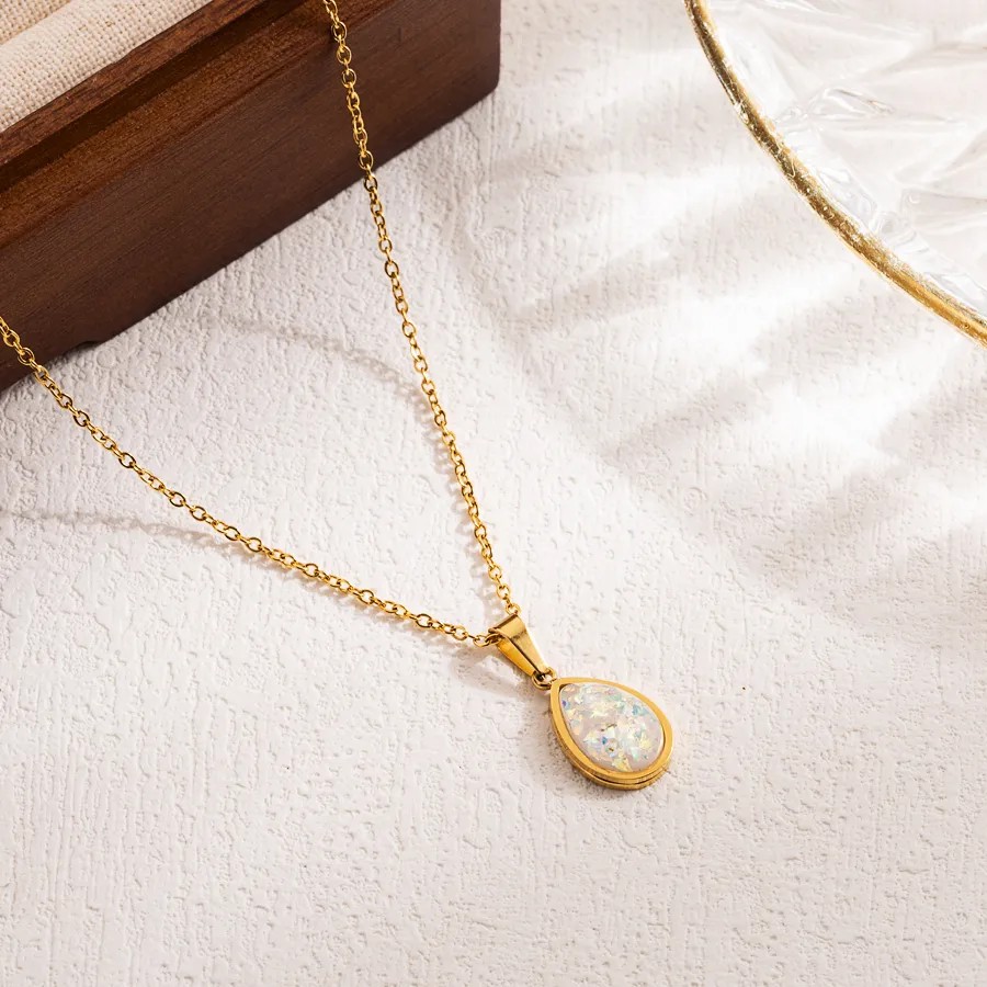 Elegant Simple Style Water Droplets Stainless Steel Patchwork Imitation Opal 18K Gold Plated Pendant Necklace_colorza_3