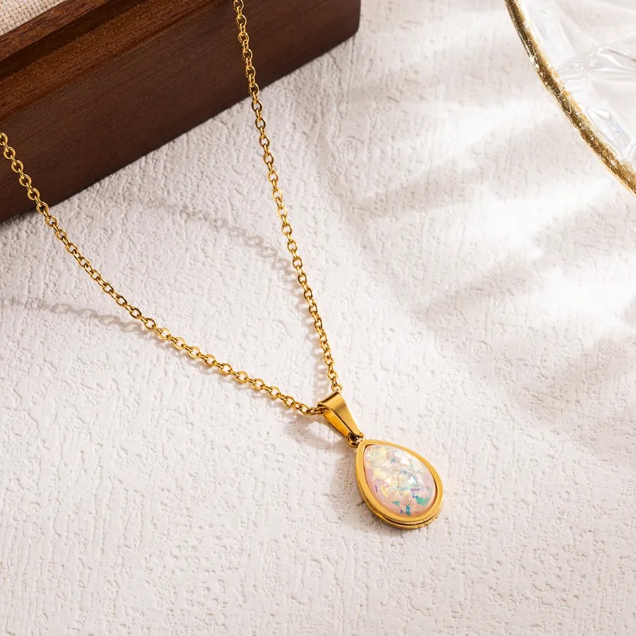 Elegant Simple Style Water Droplets Stainless Steel Patchwork Imitation Opal 18K Gold Plated Pendant Necklace_colorza_4