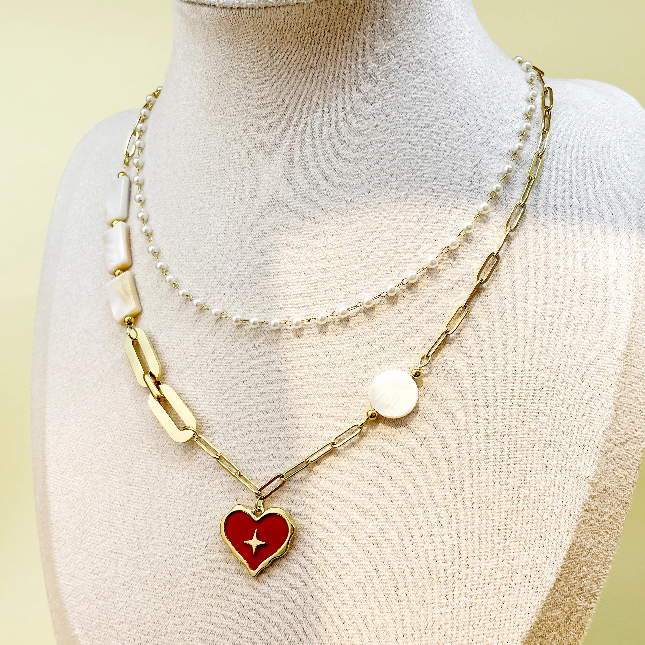 Romantic Sweet Star Heart Shape Stainless Steel Enamel Pearl Plating Gold Plated Layered Necklaces_colorza_1