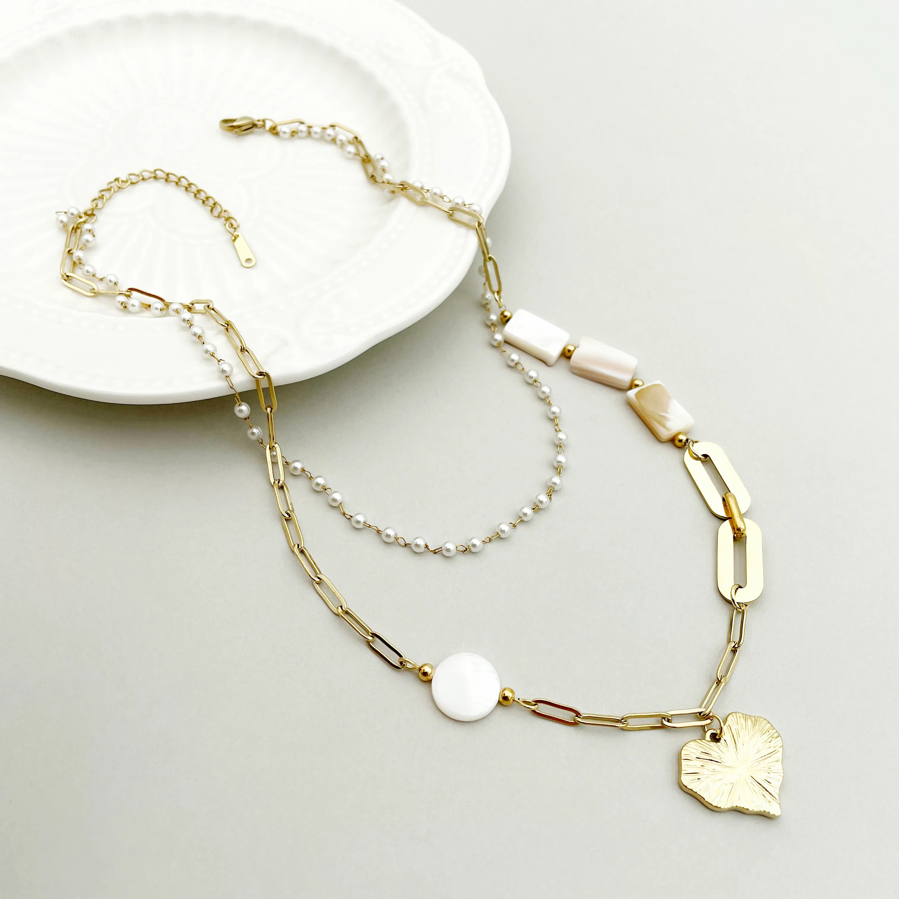 Romantic Sweet Star Heart Shape Stainless Steel Enamel Pearl Plating Gold Plated Layered Necklaces_colorza_2