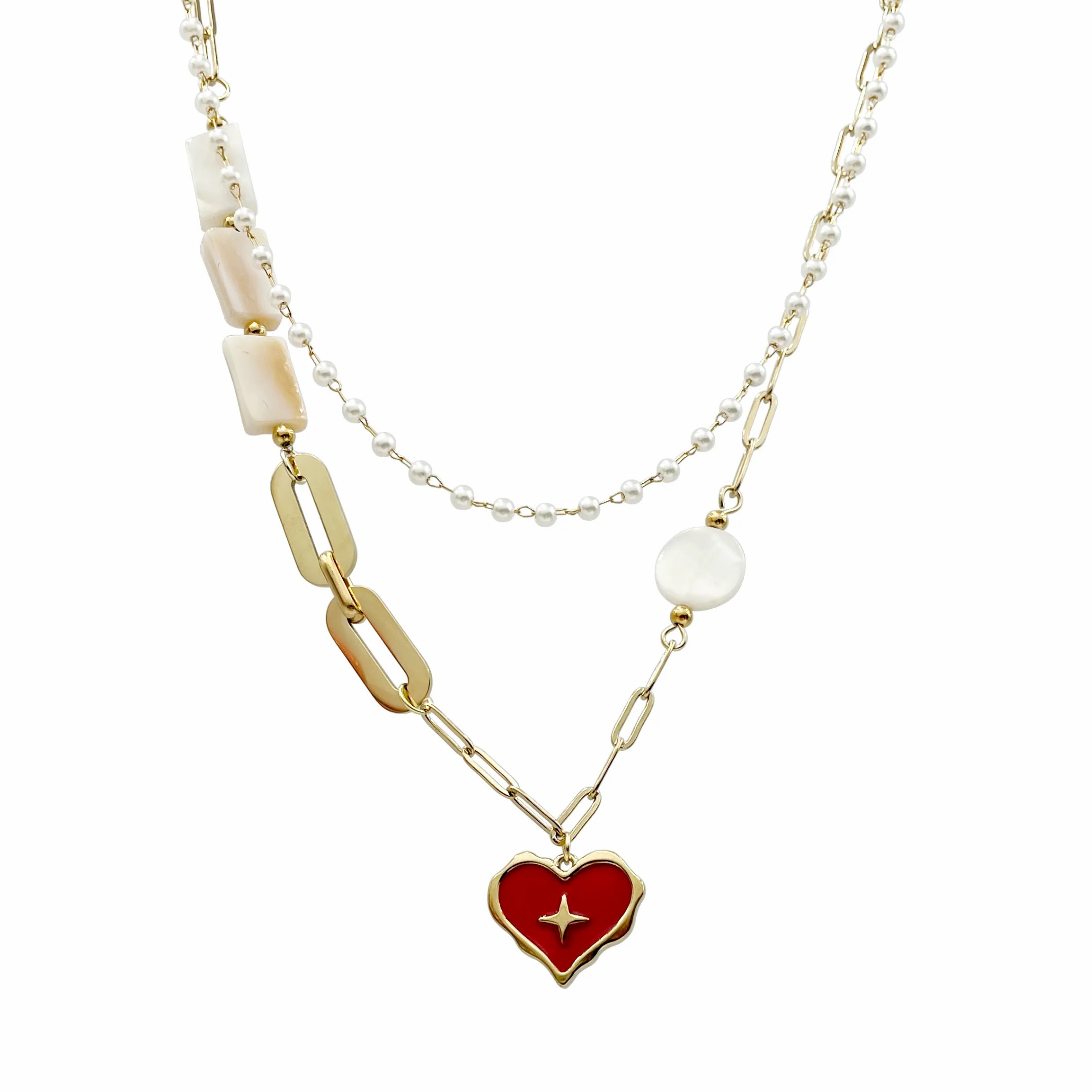 Romantic Sweet Star Heart Shape Stainless Steel Enamel Pearl Plating Gold Plated Layered Necklaces_colorza_4