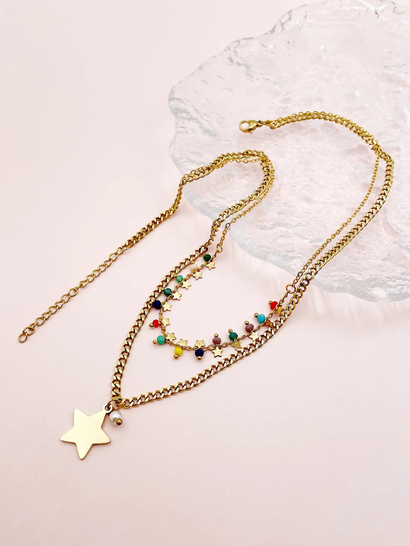 Casual Modern Style Pentagram Stainless Steel Crystal Pearl Plating Gold Plated Layered Necklaces_colorza_2