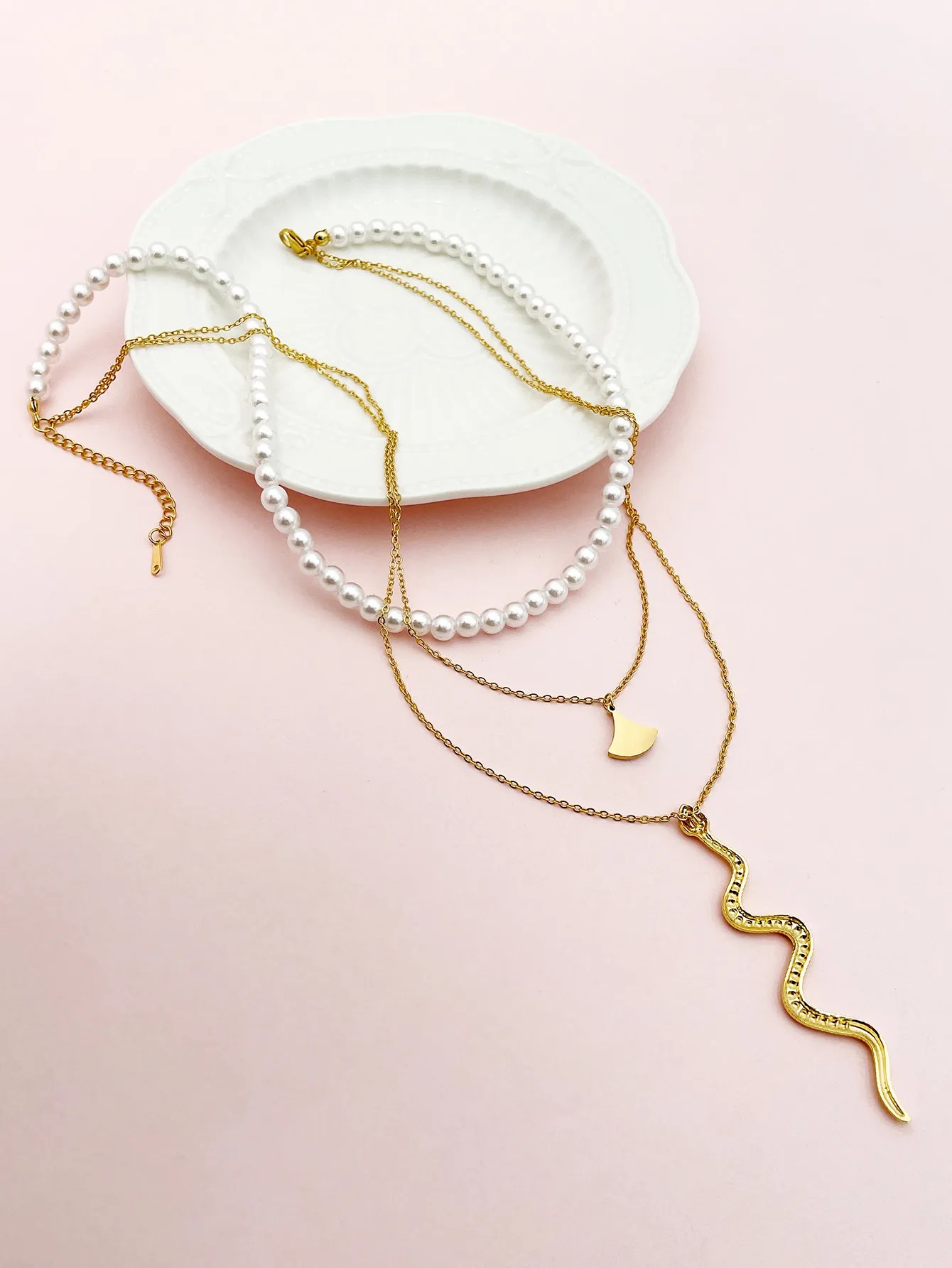 Casual Hip-Hop Sector Snake Stainless Steel Enamel Pearl Plating Gold Plated Layered Necklaces_colorza_2