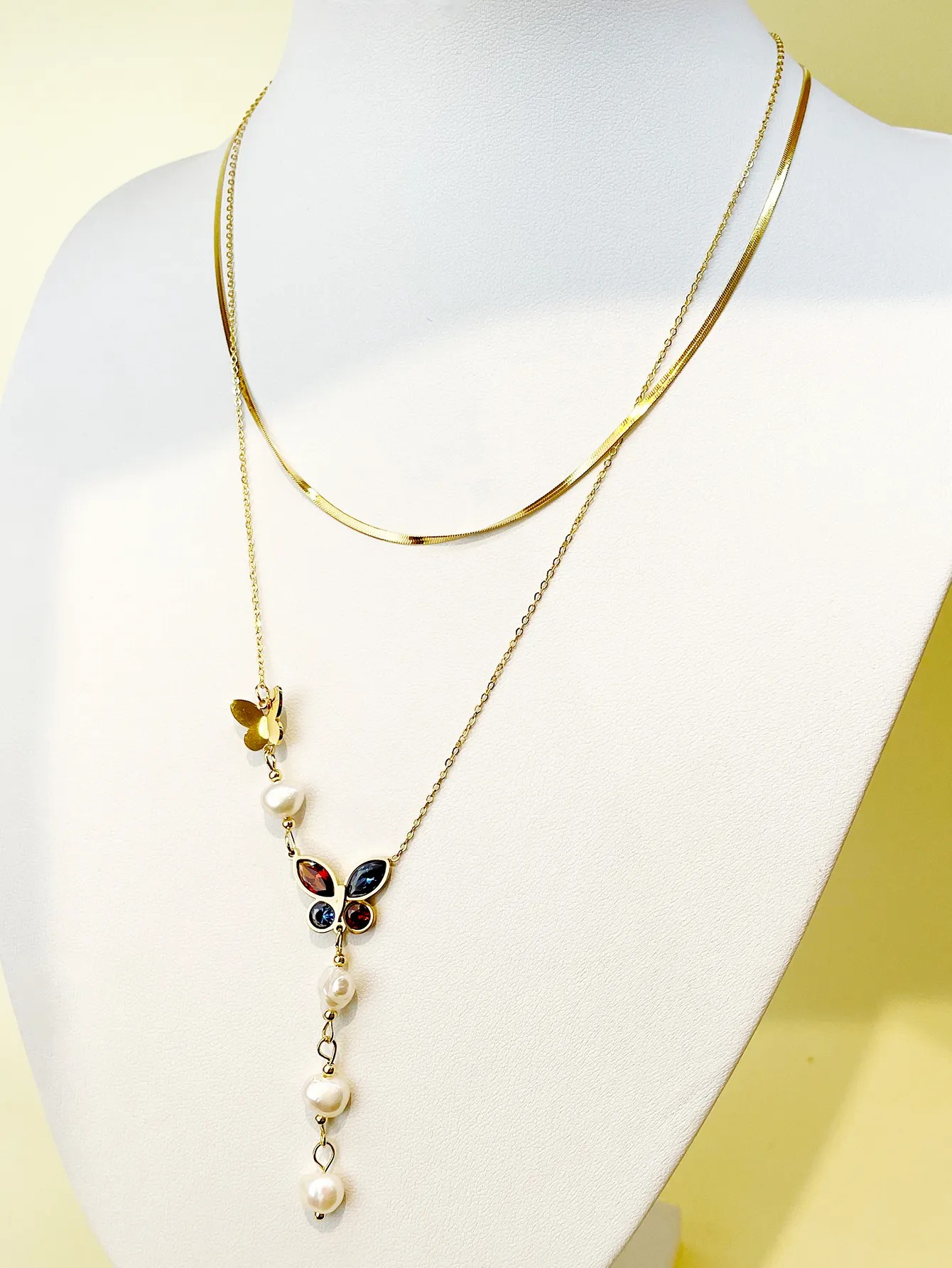 Romantic Sweet Butterfly Stainless Steel Pearl Plating Inlay Zircon Gold Plated Layered Necklaces_colorza_1