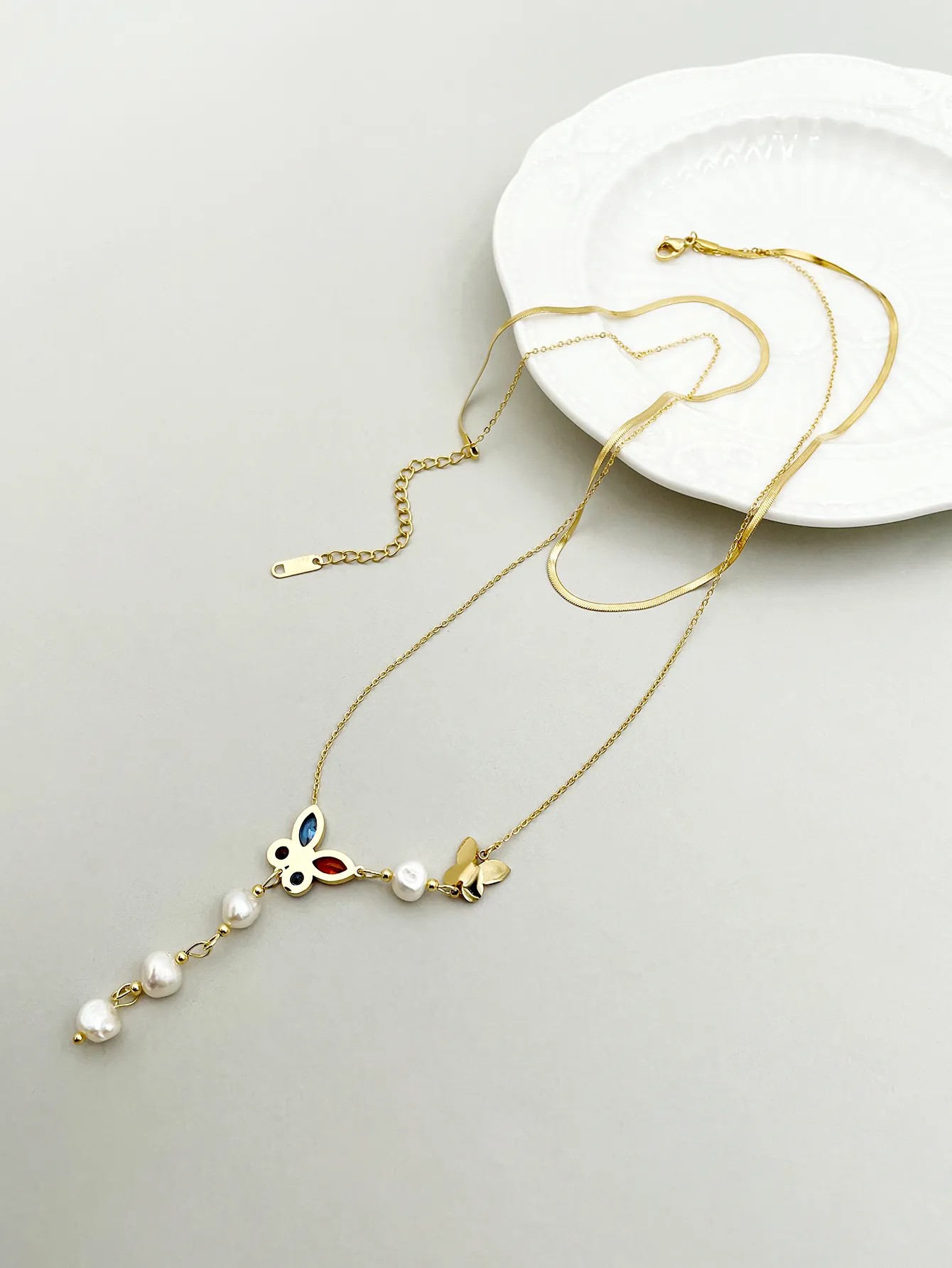 Romantic Sweet Butterfly Stainless Steel Pearl Plating Inlay Zircon Gold Plated Layered Necklaces_colorza_2